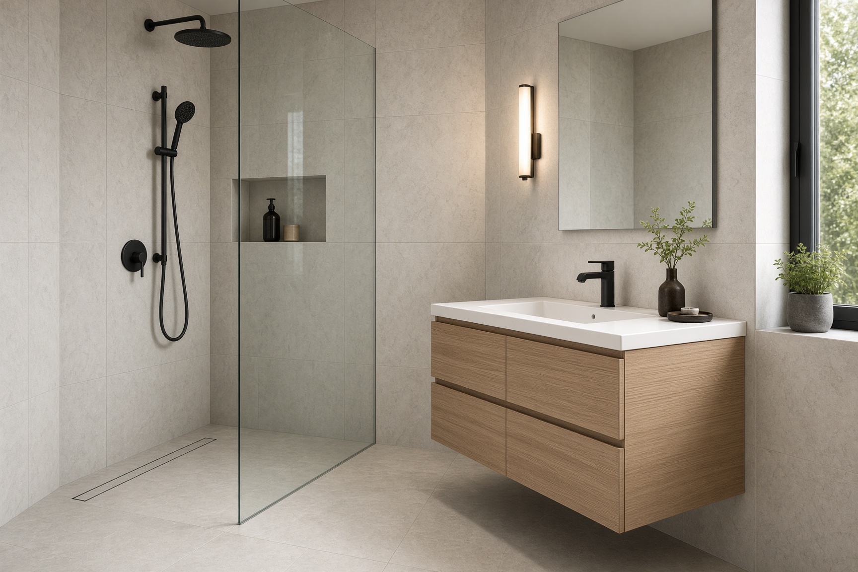 Modernes Bad mit Dusche und Waschtisch
