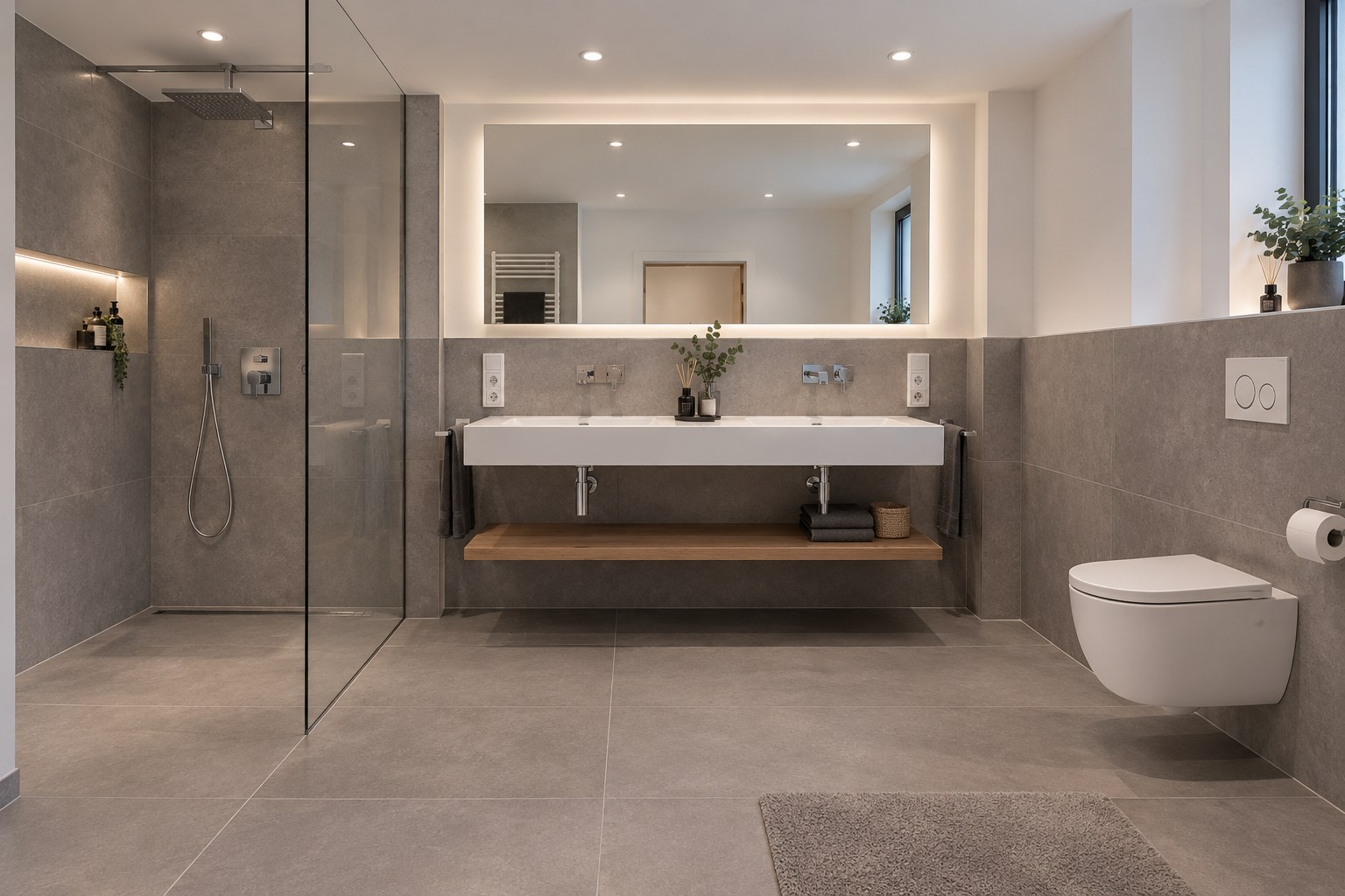 Bad mit Doppelwaschtisch, Dusche und WC